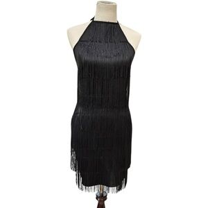 PrettyLittleThing Black Halter Fringe Tassel Dress Size 0 NWT